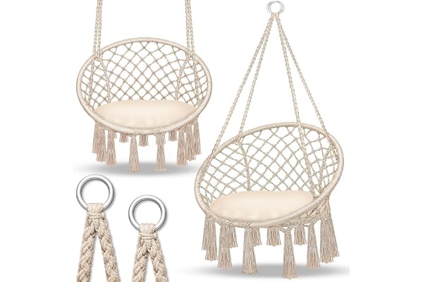 tillvex Hamac Chaise Suspendu 200kg | Chaise Relax à Franges - Intérieur et Extérieur | Hamac avec Coussins Confortables de Siége | Kit de Suspension