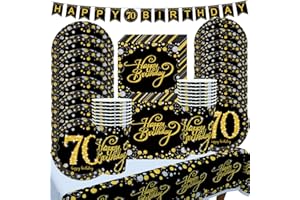 GOLDNICE Piatti Compleanno 70 anni Uomo Donna, Compleanno Festa Stoviglie Set Piatti di Carta e Bicchieri Oro Nero con Tovaglioli, Tovaglia, Striscione, Decorazioni 70 anni Compleanno Addobbi, 16 Ospiti