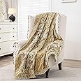 Loom and Mill Damask Patchwork Throw Blankets for Bed, Jacquard Floral Throws with Fringes Trim, Soft Lightweight Velvet Lined Throw Blanket for Sofa Couch Chair All Seasons(Beige Yellow, 52”x72”)