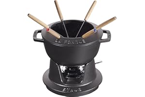 STAUB Service à Fondue en Fonte, avec 6 Fourchettes à Fondue, pour Fondue Savoyarde, Bourguignonne et au Chocolat, Ø 18 cm, Noir Mat