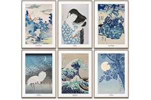 BLCKART Lot de posters d'art japonais - Décoration murale japonaise - Images coson - Hokusai - Décoration de salon - 6 x A4 - Sans cadre