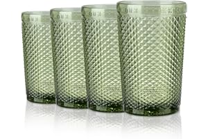 Joeyan Set de 4 Copas Verde de Agua Vintage Grandes, 350ml Vasos de Agua Colorida Elegantes, Copas de Vidrio con Relieve Cristaleria para Bar Restaurante en Casa, Apto para Lavavajillas