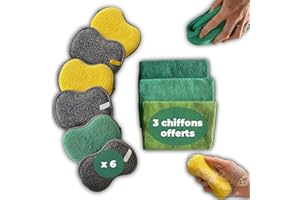 OBAÏA Eponge reutilisable Lavable 6 pcs + 3 Chiffon Microfibre Cadeau ! Vitre Voiture Entretien de la Maison Eponges/lavettes reutilisables lavables pour Vaisselle Éponge réutilisable éponges Zero dechet