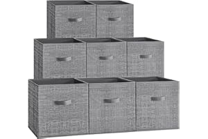 SONGMICS Storage Cubes, 33 cm Non-Woven Fabric Bins with Double Handles, Set of 8, Wardrobe Organisers for Shelves, Foldable, for Clothes, Cattail Grey ROB833G01
