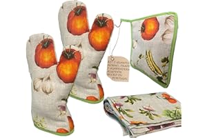 KRAPPS Manoplas Horno | Fabricado en Portugal, Juego de 2 Guantes Horno + 1 Agarraderas + 1 Trapo Cocina o Paño Cocina, Guantes Algodon, Guantes Cocina, Guantes Barbacoa, Toallas Cocina