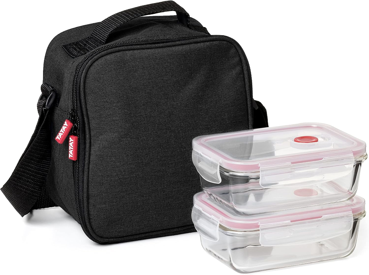 Tatay Bolsa Termica Porta Alimentos Impermeable - Urban Food Casual Glass 3,5L | 2 Tapers de Cristal 0,57L | Triple Capa Aislante | Cuerpo Semirrígido | Bolsillo Interior | 22x12x21,5cm, Negro