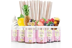 ‎BELISSIA Belissia Aromazucker | 250g Zuckerwatte Zucker mit Partyset 6 x | Intensiver Aromazucker für jede Zuckerwattemaschine | Geeignet für Dessert, Popcorn, Slush, Cocktails uvm. | Inklusive 100 Stäbchen