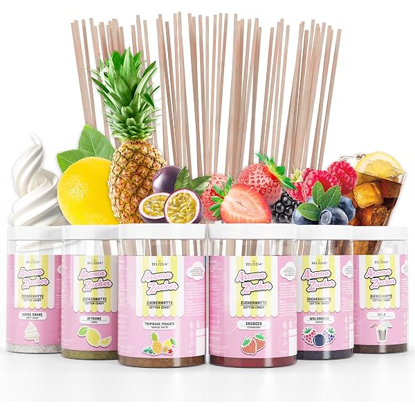 Misskandy®  Zuckerwatte Zucker 5X160Gr (Natürliche Aromen Und Farben) Erdbeer Cola Apfel Marshmallow Himbeere/Zuckerwattemaschine/ + 20 Sticks