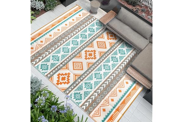 Famibay Tapis Exterieur Resistant Pluie Réversible Tapis Exterieur 245x305cm Grand Résistant Aux UV Plastique Gris Jaune Teal Tapis pour Terrasse Camping Jardin Balcon