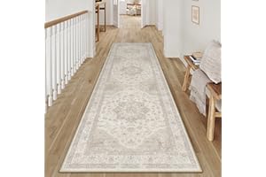 PureCozy Vintage Washable Beige Hallway Runner Rug 60x240cm Hall Runner Long Area Rugs Non Slip Soft Carpet Kitchen Bedroom Bedside Dining Room Office Indoor Low Pile Carpets
