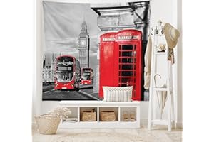 ABAKUHAUS Londres Tapiz de Pared y Cubrecama Suave, Londres Cabina Telefónica en la Calle Ìcono Local Tradicional Inglaterra Retro, Colores Firmes y Durables, 230 x 140 cm, Rojo