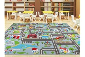 Capslpad Tappeto da gioco per bambini con città e strada, 200 x 300 cm, antiscivolo, lavabile in lavatrice, tappetino per esercizi, a pelo corto, per la stanza dei bambini, colore: blu pastello