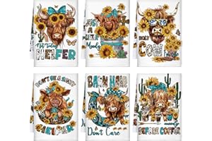 TecUnite 6 Pcs Highland Cow Kitchen Towels Set Funny Highland Cattle Tea Towels Absorbent Sunflower Dish Towels Western Farm Cattle Hand Towel for Cleaning Drying Women Mom Housewarming Gifts Decor