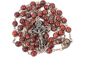Nazareth Store Natural Stone Beads 8mm Rosary Necklace Antique Copper Design Holy Soil Medal & Cross in Velvet Bag - Catholic Rosaries Terra Santa Jerusalem Collection