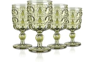 Joeyan Copas de Vino Tinto de Verde, 300ml Vintage Copas con Gemas Relieve, Vasos agua Vidrio Retro,Vajillas de Colores, Cristaleria para Fiestas,Bodas,Cenas Diarias, Apto para lavavajillas, Set de 4