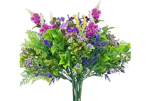 WAKISAKI 9 piante finte multispecie realistiche, fiori artificiali per esterni, mamme finte per esterni, resistenti ai raggi UV, per tutte le condizioni atmosferiche (magenta e lavanda, 9)
