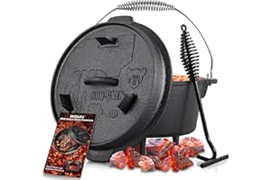 BOLEi BBQ Dutch Oven 【Ca.6 Liter】Premium Serie Set bereits eingebrannt - preseasoned|Feuertopf Gusseisen |Bräter mit Deckelheber und Henkel |Verschiedene Größen Gusseisen Kochtopf(Topf mit Füße,6 QT)