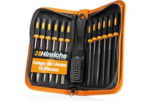 Hinrichs Juego de Limas Metal y Madera 13 Piezas - Incluye Estuche - 6 Limas Diamante, 6 Limas Metal, 1 Cepillo de Acero - Limas Profesionales, Juego de Mini Limas, Limas para Llaves, Escofina Madera