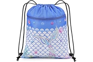BOENFU Mermaids Drawstring Bags, Waterproof String Swim PE Bag, Large Drawstring Backpack with Outside Zipper and Hidden Inner Pocket for School Gym Traveling Swimming Party Picnic