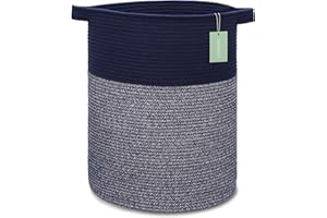 BOSROTY Large Laundry Hamper for Girls Boys Kids 72L, Nursery Hamper, Tall Laundry Basket, Cotton Rope Woven Blanket Basket for Storage Toys Clothes Towels, 40 x 55 CM, Navy Blue