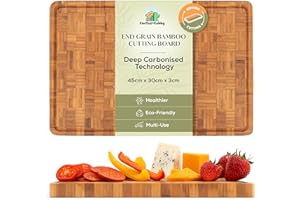 CACTUS AND CUBBY Cactus & Cubby Premium Bamboo Chopping Board. Deluxe Deep Carbonised End Grain Wooden Chopping Board. Large Butchers Block (45 x 30 x 3 cm). Juice Grooves. Side Handles. Strong Design Built to Last.