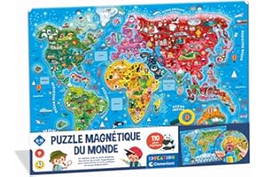 CLEMENTONI - Mon Puzzle Magnétique du Monde 4 Ans + - Planisphère Interactif - Découverte Animaux & Monuments - Jeu Éducatif Enfant