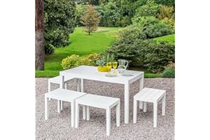 Dmora Conjunto de Exterior con 1 Mesa Rectangular 4 Bancos, Made in Italy, Color Blanco