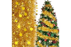 COLOFALLA 2m*6pcs Espumillón Dorado Árbol Navidad con Estrellas Guirnalda Oropel Navidad Dorado para Decoración Navidad Ventana Pared Adornos Navideños