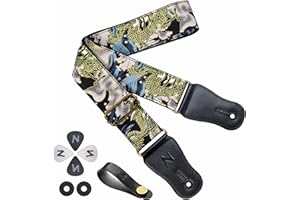 Nefelibata sangle de guitare japonaise en coton pour guitare acoustique, ukulélé, adaptateur de sangle de tête gratuit avec boucle, plectres de guitare et boucle de sangle