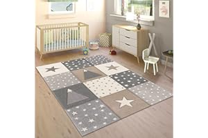 Paco Home Alfombra Infantil Alfombra Habitacion Niño Color Pastel 3D Lunares con Estrellas Beige Gris Crema, tamaño:80x150 cm