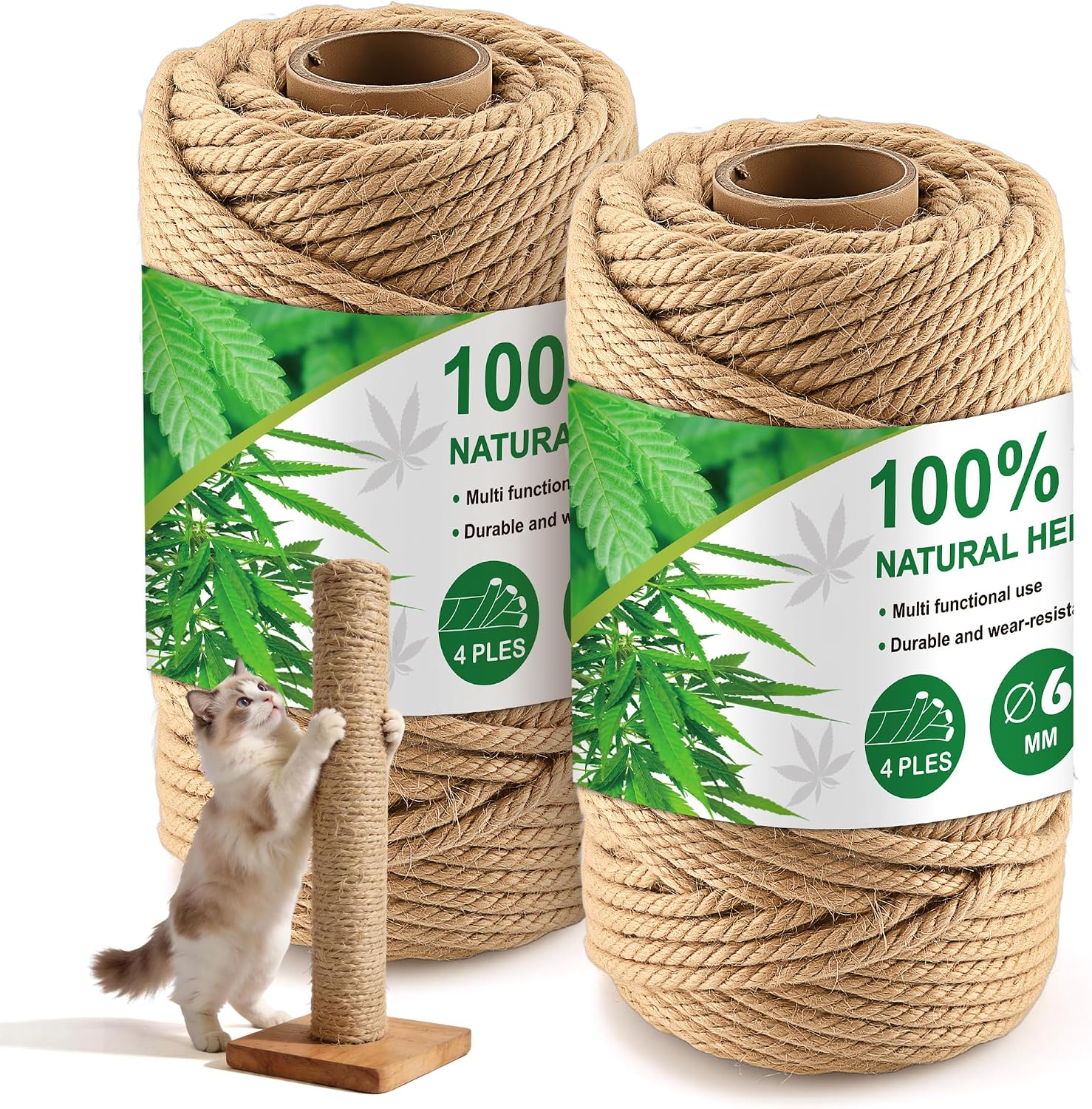Foymlon 2 Piezas Cuerda de Yute, 6mm × 50m Cuerda Rascador Gatos, Cuerda Sisal es Adecuada para Rascadores de Gatos DIY, Accesorios para Gatos, Artesanías y Decoración del Hogar