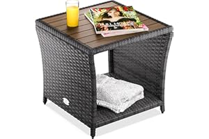 Casaria® Table d'appoint en polyrotin 45x45x40cm Gris avec Plateau en Bois d'acacia Petite Table Basse de Jardin Balcon extérieur
