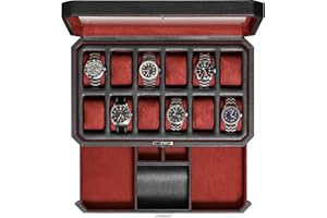 ROTHWELL 12 Fente en Cuir Coffret Avec Valet Tiroir - Montre de Luxe Case Organisateur Affichage, Microsuède Liner, Boîtes de Rangement Porte-hommes Grand Verre Top Ecrins Pour Montres (Noir/Rouge)
