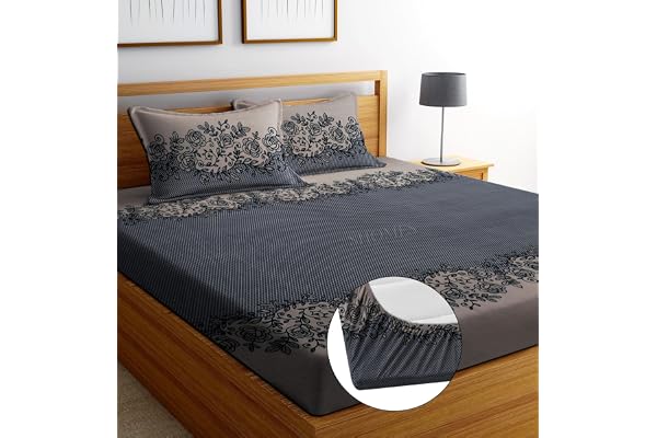 SHOMES Cotton Glace Cotton Floral Elastic Fitted Bedsheet with 2 King Size Pillow Covers Double Bed with All Around Elastic, Fits Upto 8 Inches Mattress, Size 72 x 78 Inches (Coffee) 250 TC