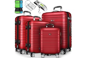 tillvex® Set di 4 valigie da viaggio con bilancia per bagagli, cinghie per valigie e etichette per valigie, set rigido da 4 ruote, trolley con serratura TSA, valigetta rigida S-M-L-XL