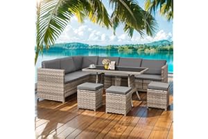 Aweather 9 seater Rattan Corner Sofa Set Rattan Garden Furniture Set All-Weather Patio Conversation Set with Modern Dinning Table and Washable Cushions (Gray)