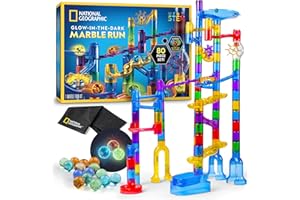 BLUE MARBLE NATIONAL GEOGRAPHIC Glowing Marble Run – 80-Piece Construction Set with 15 Glow-in-the Dark Glass Marbles, Creative STEM Toys, Building Project Toy