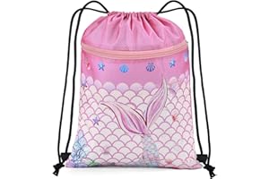 BOENFU Mermaids Drawstring Bags, Waterproof String Swim PE Bag, Large Drawstring Backpack with Outside Zipper and Hidden Inner Pocket for School Gym Traveling Swimming Party Picnic