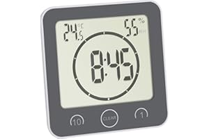 TFA Dostmann Orologio da bagno/cucina con timer, 60.4001.10, fissaggio senza foratura, tempo fino a 99 minuti, resistente agli spruzzi, incl. termoigrometro, grigio, (L) 106 x (L) 41 (52) x (H) 109 mm