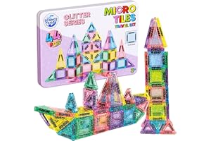 Science Kidz 44-Piece Glitter Series Mini Magnetic Tiles Travel Set - 44 Magnet Building Tiles & Storage Tin - Magnetic Shapes For Kids - Aeroplane Activities Travel Toys For Girls