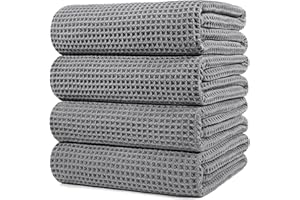 POLYTE Microfibre Oversize Quick Dry Lint Free Bath Towel, 152 x 76 cm, 4 Pack (Grey, Waffle Weave)