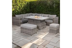Rattan park Rattan Garden Furniture Cambridge Modular Corner Set with Rising Fire Pit Table in Stone Browne Grey weave