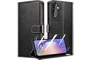 QHOHQ Tenphone Coque pour Samsung Galaxy A54 5G + 2 Pièces Verre Trempé, Etui Protection Housse Premium en Cuir PU, Antivol, Fermeture Magnétique Flip Case pour Samsung A54 5G - Noir