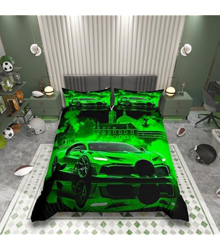 3D Auto Bettwäsche 135x200 – Mikrofaser Bettbezug Mit 2 Kissenbezügen, Sportwagen-Motiv Für Kinder/Jugendliche