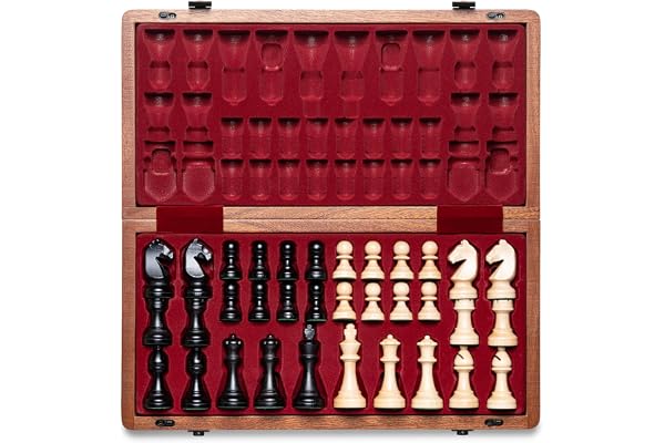A&A Premium Fällbart Schackset i Naturlig Mahogny, med 38 cm Bräde & 7,6 cm Kungshöjd Staunton Schackpjäser, Inkluderar 2 Extra Dronningar och en Förvaringsväska