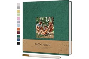 Vienrose Album Fotografico Autoadesivo con Finestra di Visualizzazione 10 x 15, Piccolo Album Scrapbook con Copertina in Lino 40 Pagine Bianche con Penna in Metallo,17x18 cm Verde scuro