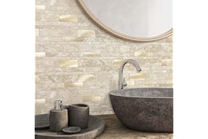 VAOVI Marble Effect Self Adhesive Linear Wall Tiles Metro Brick Stone Tiles,Waterproof Bathroom Wall Panels Matt Heat Resistant Fireplace Peel and Stick Mosaic(Beige,10sheets)