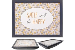 MTS Wooden Lap Trays with Bean Bag Cushion - Smile And Be Happy Design - Large Padded Tray for Kids and Adults - Suitable for Food, Art, Studies, TV, Sofa, Bed - Great Gift for Family