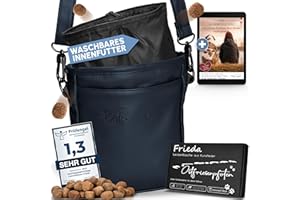 Ostfriesenpfoten® Leckerlibeutel 'Frieda' für Hunde aus hochwertigem Kunstleder - Dunkelblau Größe M - Futterbeutel mit EasyOpen Einhandmagnetverschluss - Gassitasche für Hunde-Leckerli