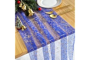 FOATCOX Bieżnik Niebieski, 75 x 300 CM Lekki i Zwiewny Tiul Bieżnik, Zdobiony Złoty Liść, Odpowiedni na Wesela w Stylu Boho, Przyjęcia Urodzinowe, Narodzenia, Przyjęcia Noworoczne, Dekorację Stołu